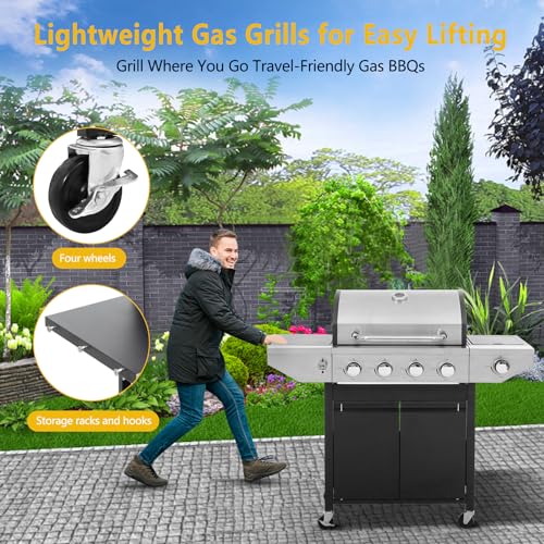Large Propane Gas Grill with 4-Burners and Side Burner,Outdoor BBQ Grill Griddle with Porcelain-Enameled Cast Iron Grates, Stainless Steel Camping Barbecue Griddle for Patio,Garden,47000 BTU