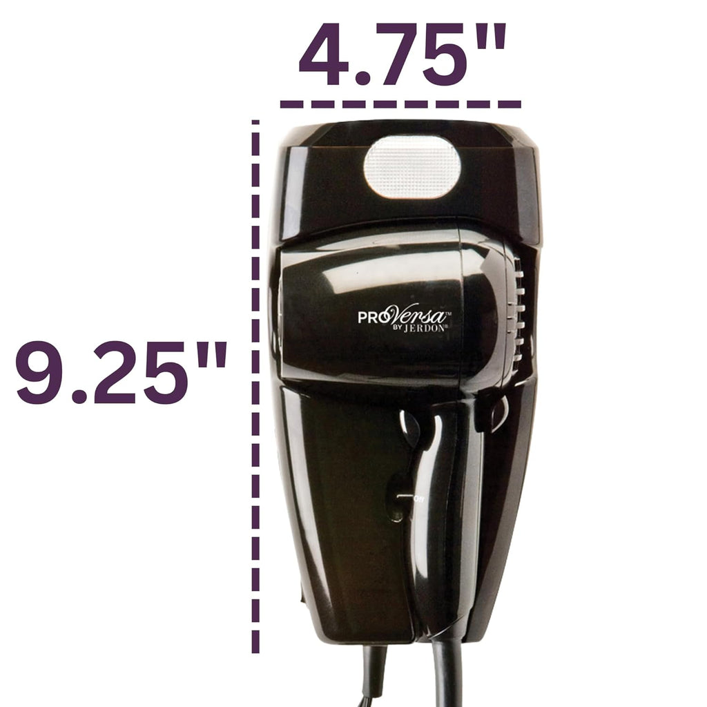 Jerdon Wall-Mount Hair Dryer - Black Plug-in Hair Dryer with 32" Power Cord - Hotel Style Wall Mounted Hair Dryer - JWM8CB