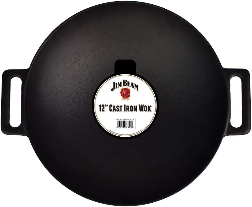 Jim Beam 12'' Pre Seasoned Heavy Duty Construction Cast Iron Grilling Wok, Griddle and Stir Fry Pan