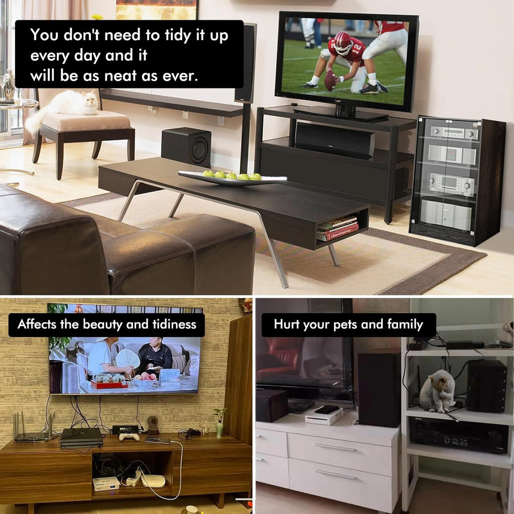 Media Storage Cabinet with Height Adjustable, 4-Tier Shelves Audio Video Media Stand Cabinet, Modern AV Cabinet with Glass Doors, Storage for Entertainment Stereo Component