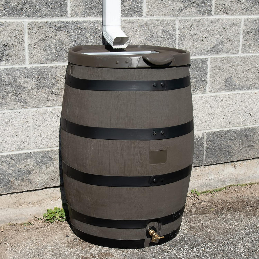 RTS Home Accents Polyethylene Premium Flat Back Rain Barrel with Removable Lid, 55 Gallon, Woodgrain with Black Stripes