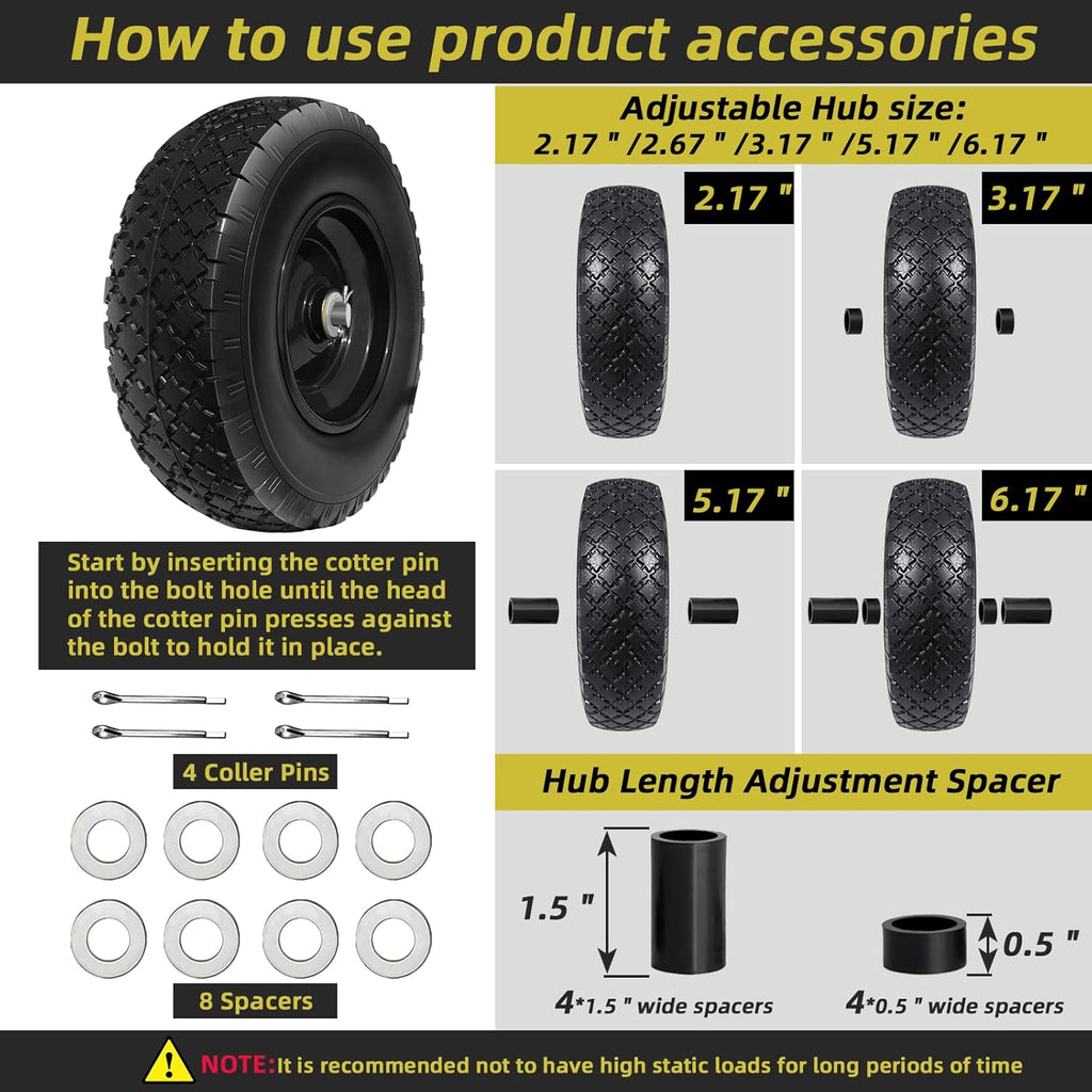 13” Tire and Wheel Flat Free, Replacement Solid Tire and Wheel Assemblies with 5/8” Axle Bore Hole and Double Sealed Bearings, 2.17-6.17inches Adjustable Centered Hub, 2 Packs