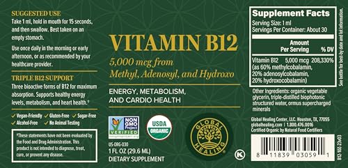 Global Healing Vitamin B12 Sublingual 5000 mcg Organic Liquid Supplement, Methylcobalamin, Adenosylcobalamin, Hydroxo Long-Lasting Energy and Healthy Metabolism - Vegan B12 Vitamins (2 Oz)