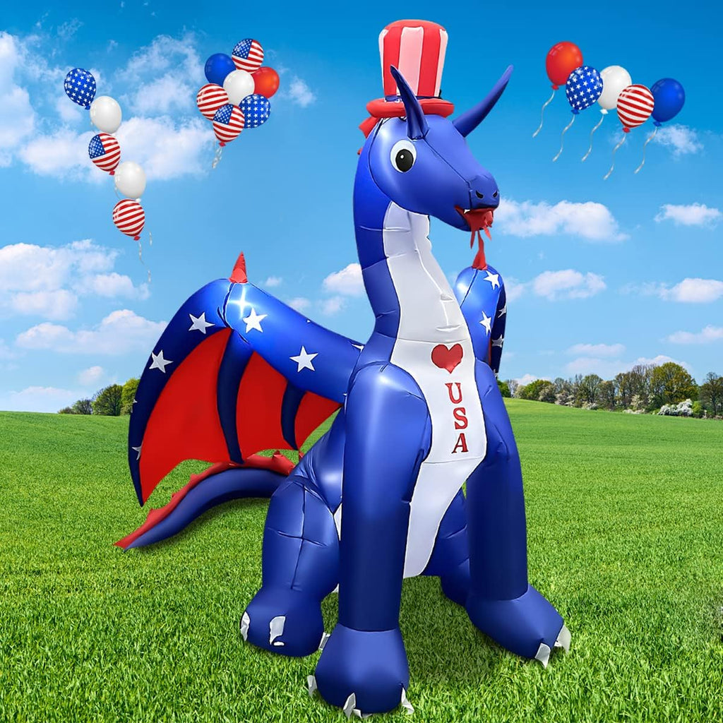 BLOWOUT FUN 8 FT Independence Day Inflatable Dragon with America Style Decorations Patriotic 4th of July for Home Yard Lawn Garden Indoor Outdoor Memorial Day Decorat