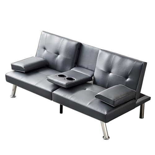 Faux Leather Convertible Folding Futon Sofa Bed with 2 Cup Holders, Sleeper Couch Bed with Removable Armrests, Metal Legs, Upholstered Loveseat for Living Room, Apartment, Dorm, Office (Orange)
