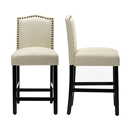 LSSBOUGHT Counter Stools, 24 inches Upholstered Bar Chairs with Solid Wood Legs and Nailed Trim Set of 2 (Beige)