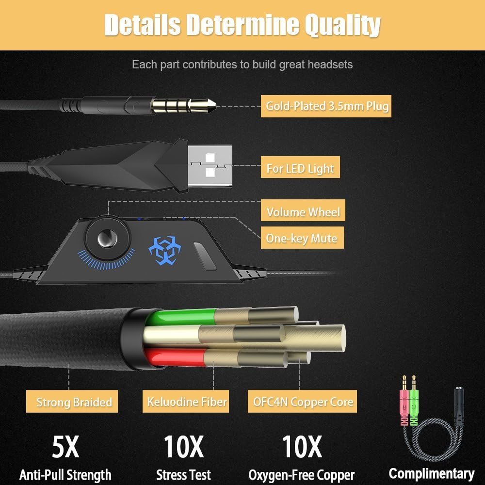 BENGOO V-4 Gaming Headset for Xbox One, PS4, PC, Controller, Noise Cancelling Over Ear Headphones with Mic, LED Light Bass Surround Soft Memory Earmuffs for Mac Nintendo Switch Games