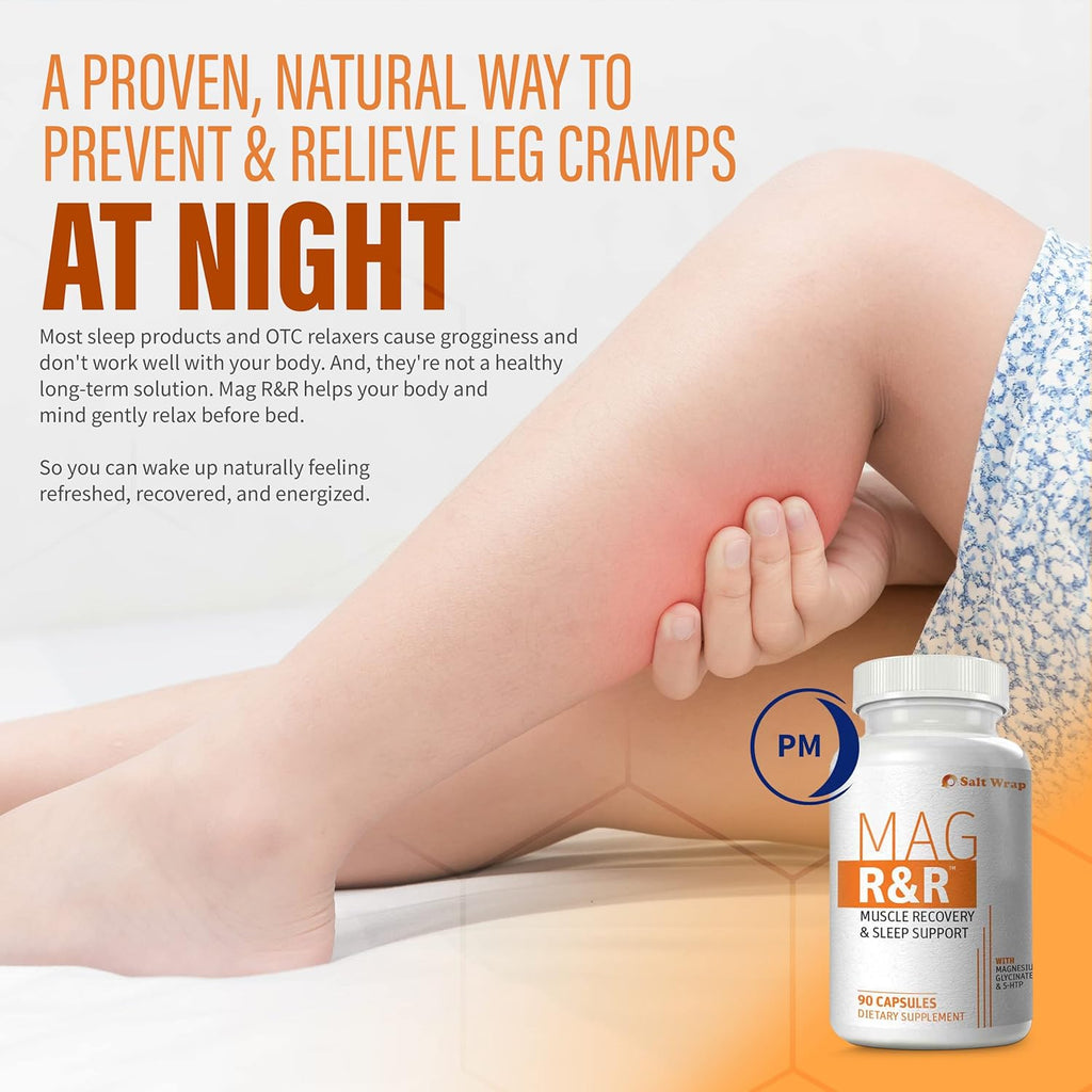 SaltWrap Mag R&R - Nighttime Muscle Cramps Support, Natural Sleep Support for Adults with Magnesium Glycinate for Muscle Spasm and Leg Cramps Relief, 90 Capsules