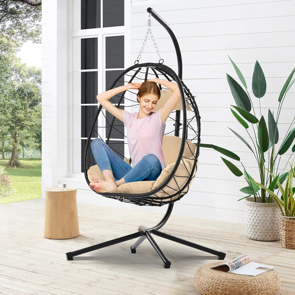 Hanging Egg Chair with Stand and Cushion, Indoor Outdoor Patio Wicker Hanging Swing Hammock Egg Chair, 350 Lbs Capacity