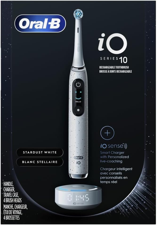 Oral-B iO Series 10 Rechargeable Electric Toothbrush with Visible Pressure Sensor to Protect Gums, 2 Min Timer, 7 Cleaning Settings, 4 Replacement Toothbrush Heads, and Charging Travel Case, Black