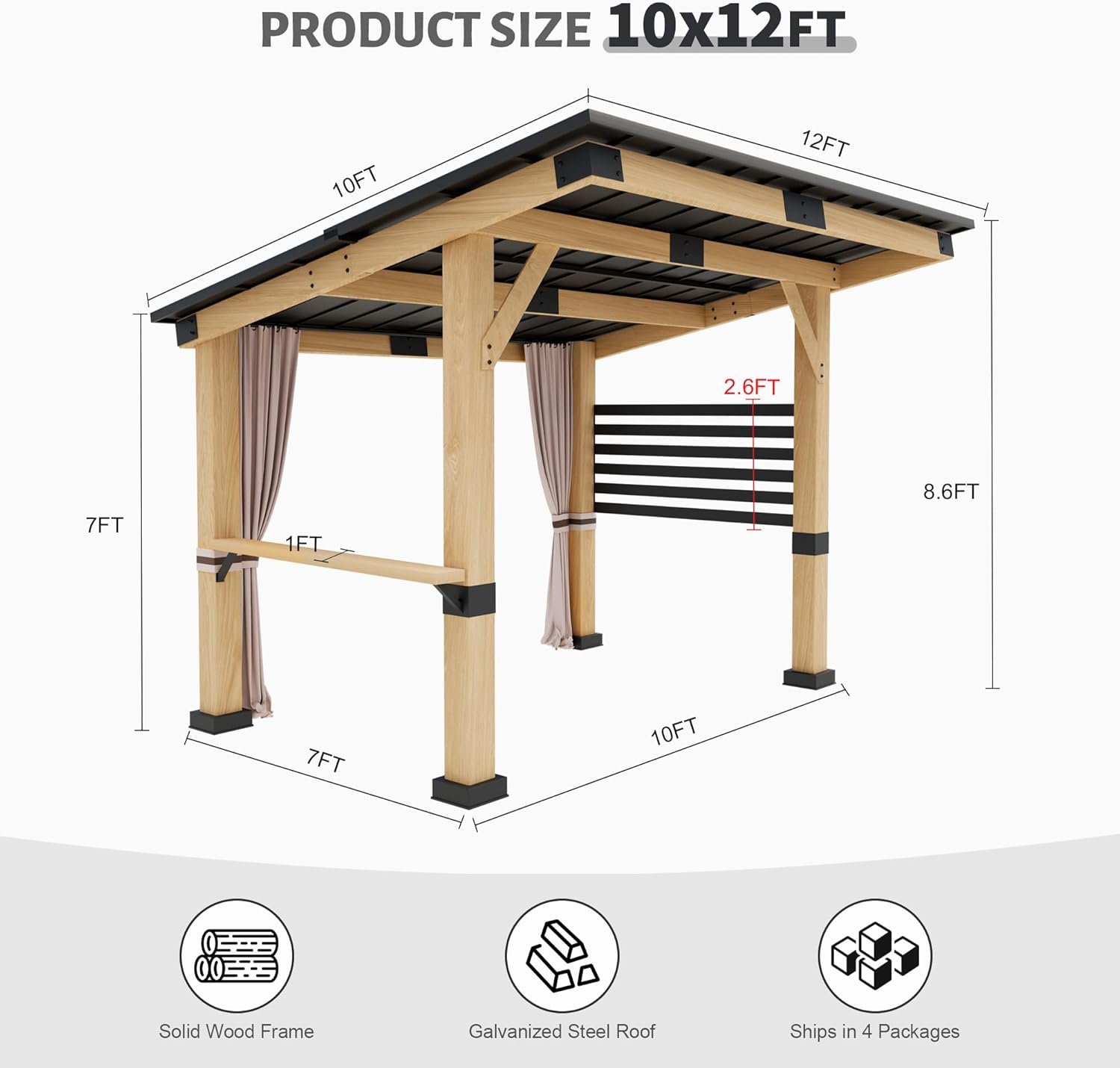 Wood Gazebo 10' x 12', Hardtop Cedar Gazebo with Metal Roof, Outdoor Wooden Gazebo with Curtains, Permanent Pavilion Grill Gazebo for Backyard, Deck, Patio, Garden, Parties
