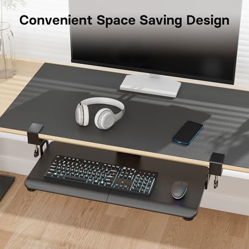 BONTEC Keyboard Tray Under Desk, Pull Out Keyboard & Mouse Tray with C-clamp, 25.6 Excluding Clamps (30 Including Clamps) x 11.8 Inch Steady Slide-Out Computer Drawer for Typing, Dark Black