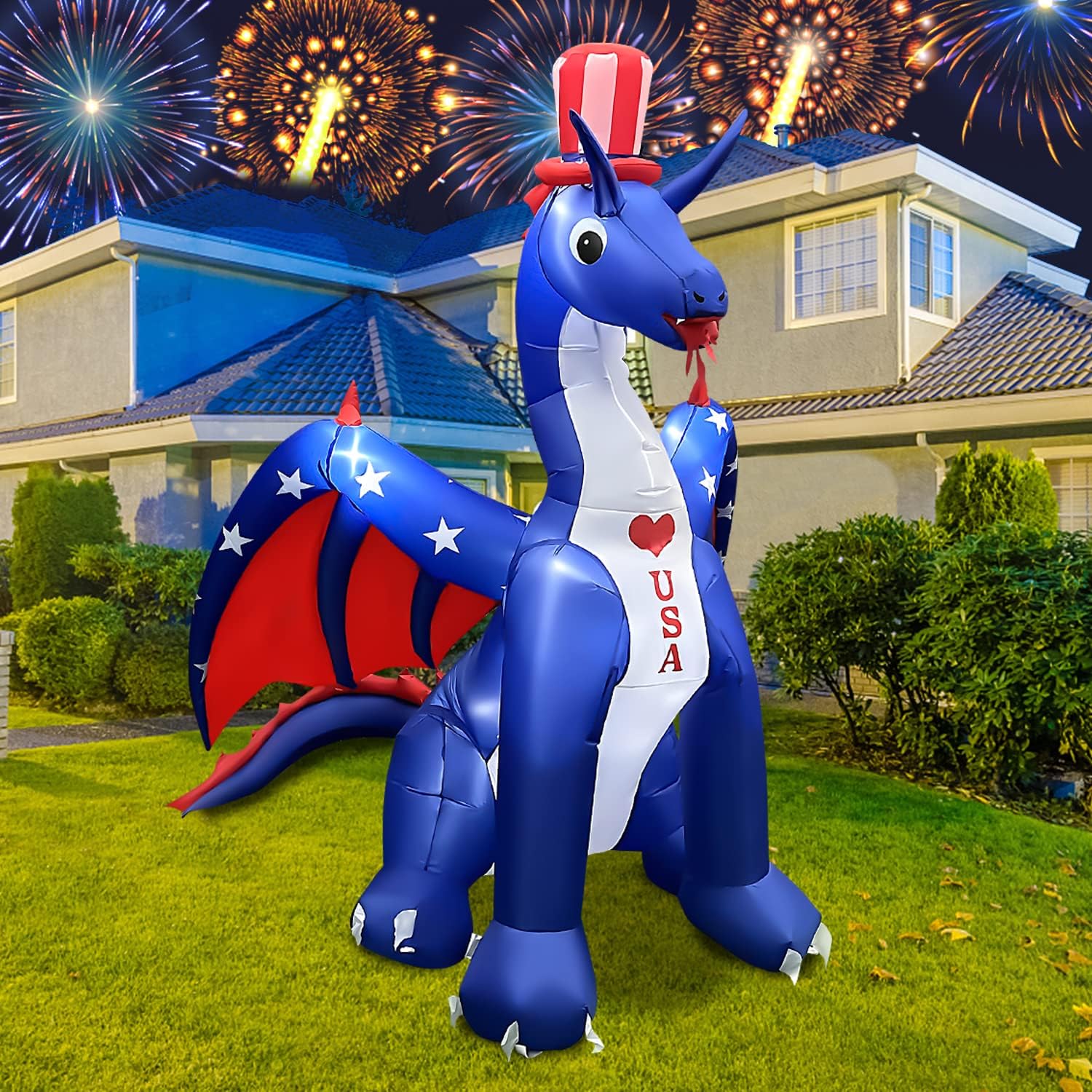 BLOWOUT FUN 8 FT Independence Day Inflatable Dragon with America Style Decorations Patriotic 4th of July for Home Yard Lawn Garden Indoor Outdoor Memorial Day Decorat