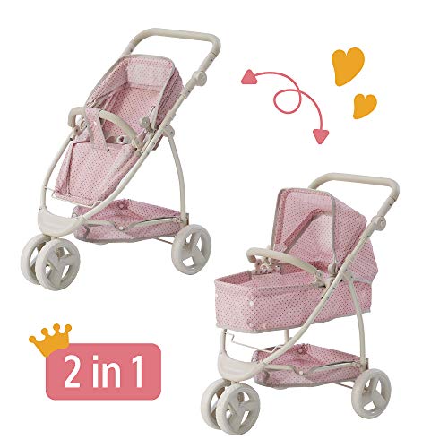 Olivia's Little World 2-in-1 Convertible Baby Doll Stroller with Retractable Canopy, All-Terrain Wheels, and Adjustable Handle, Cream and Pink with Gray Polka Dots