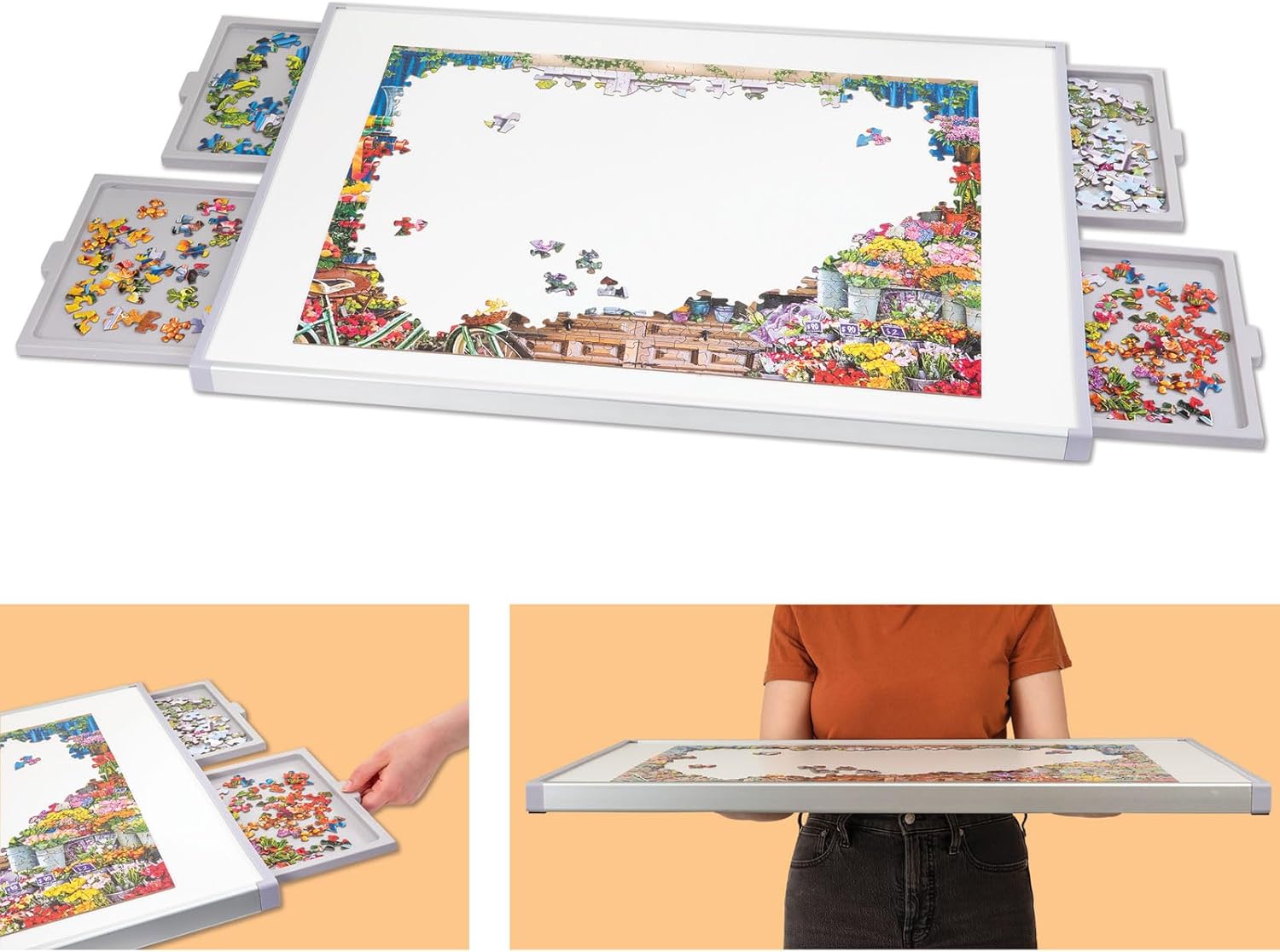Bits and Pieces - 1500 Piece Puzzle Board with Drawers - Jumbo Pro Plateau - Lightweight Tabletop Deluxe Jigsaw Puzzle Organizer and Puzzle Storage System