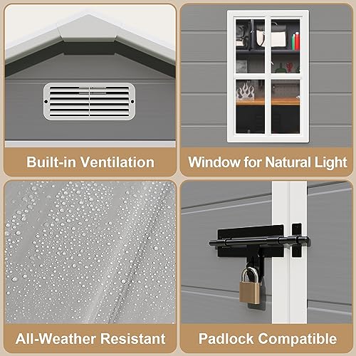Gizoon 5x3 FT Resin Outdoor Storage Shed with Floor, Waterproof Lockable Storage Shed with Window, Plastic Outside Tool Storage Shed for Garden, Backyard, Patio, Lawn, Gray