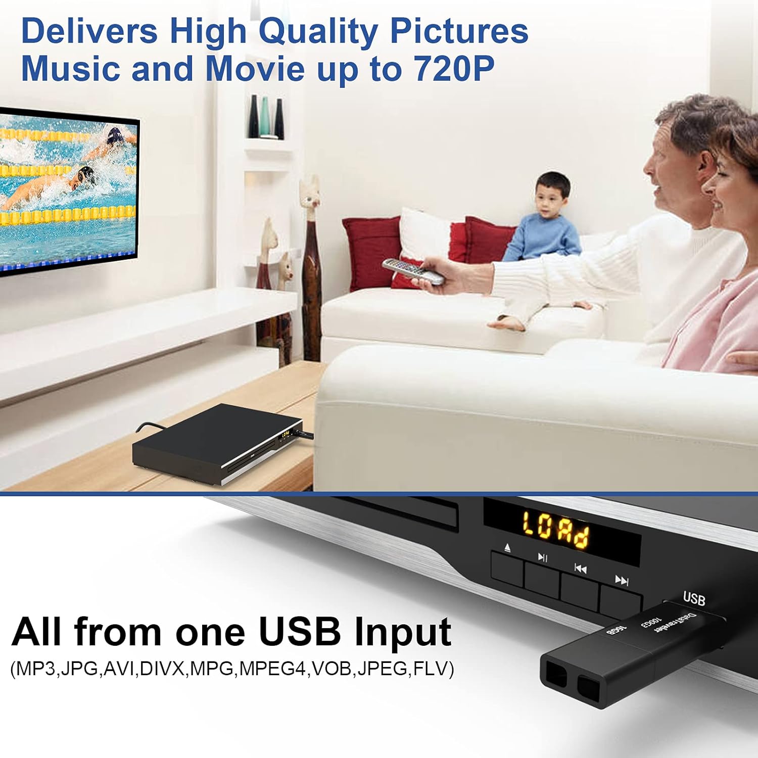 DVD Player, Region Free DVD Players for CD/DVD's, Compact DVD Player Supports NTSC/PAL System with RCA Stable Outputs/USB 128G Input, Contains Remote Control and RCA Cable(without HDMI Cable)
