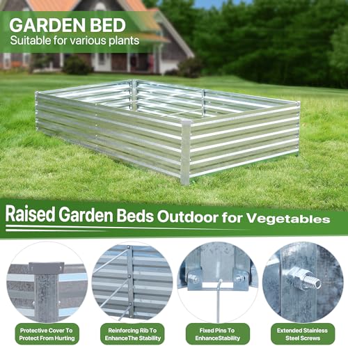 Raised Garden Bed 8x4x1.5FT Galvanized Raised Garden Beds Outdoor for Vegetables Gardening - Raised Flowers Bed 18inch Garden Bed Metal Deep Planter Raised Beds with Apron & Gloves-Galvanized