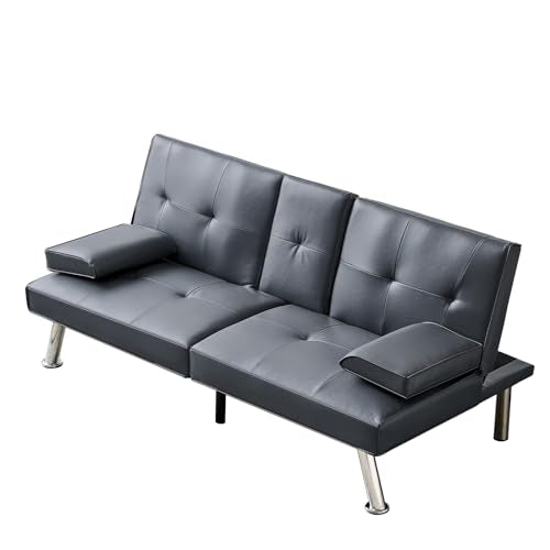 Faux Leather Convertible Folding Futon Sofa Bed with 2 Cup Holders, Sleeper Couch Bed with Removable Armrests, Metal Legs, Upholstered Loveseat for Living Room, Apartment, Dorm, Office (Orange)