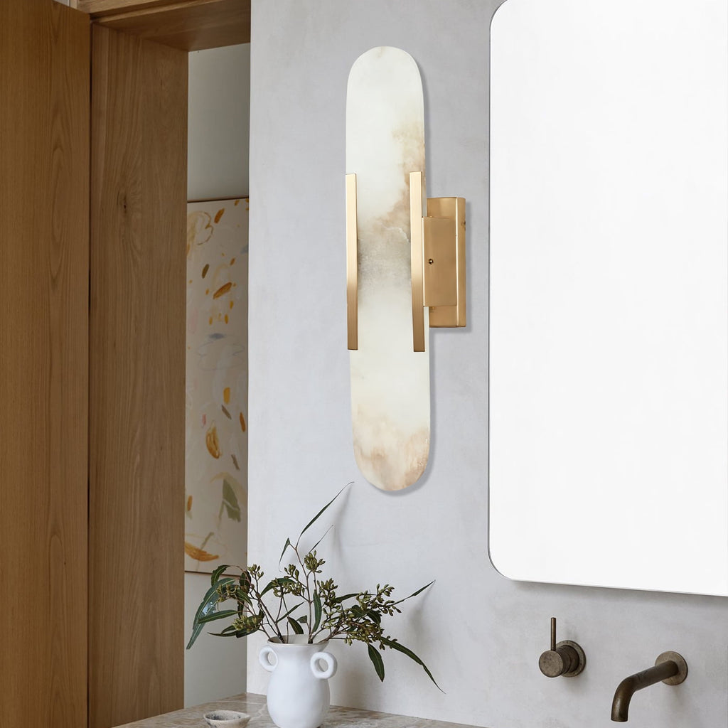 Sturdy Elongated Alabaster Shade Brass Sconce, Organic Texture Wall Light, Elegant Design Wall Lamp beside Mirror, for Hallway, Entryway, Bedroom, Living Room