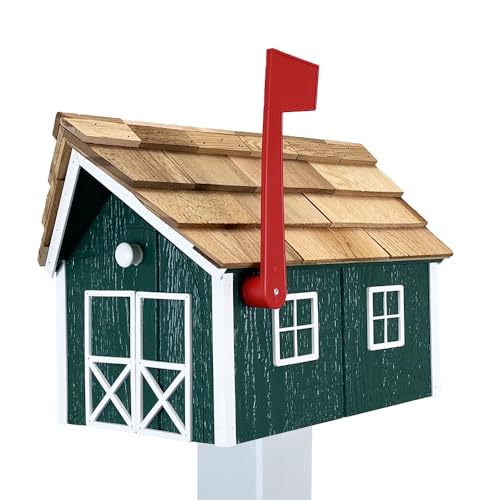 Peaceful Classics Amish Cedar Roof Wooden Mailbox with Window & Door Trim, Mailboxes for Outside, Handcrafted Outside Mailboxes, Post Mount Residential Mailboxes - (Red with White Trim)