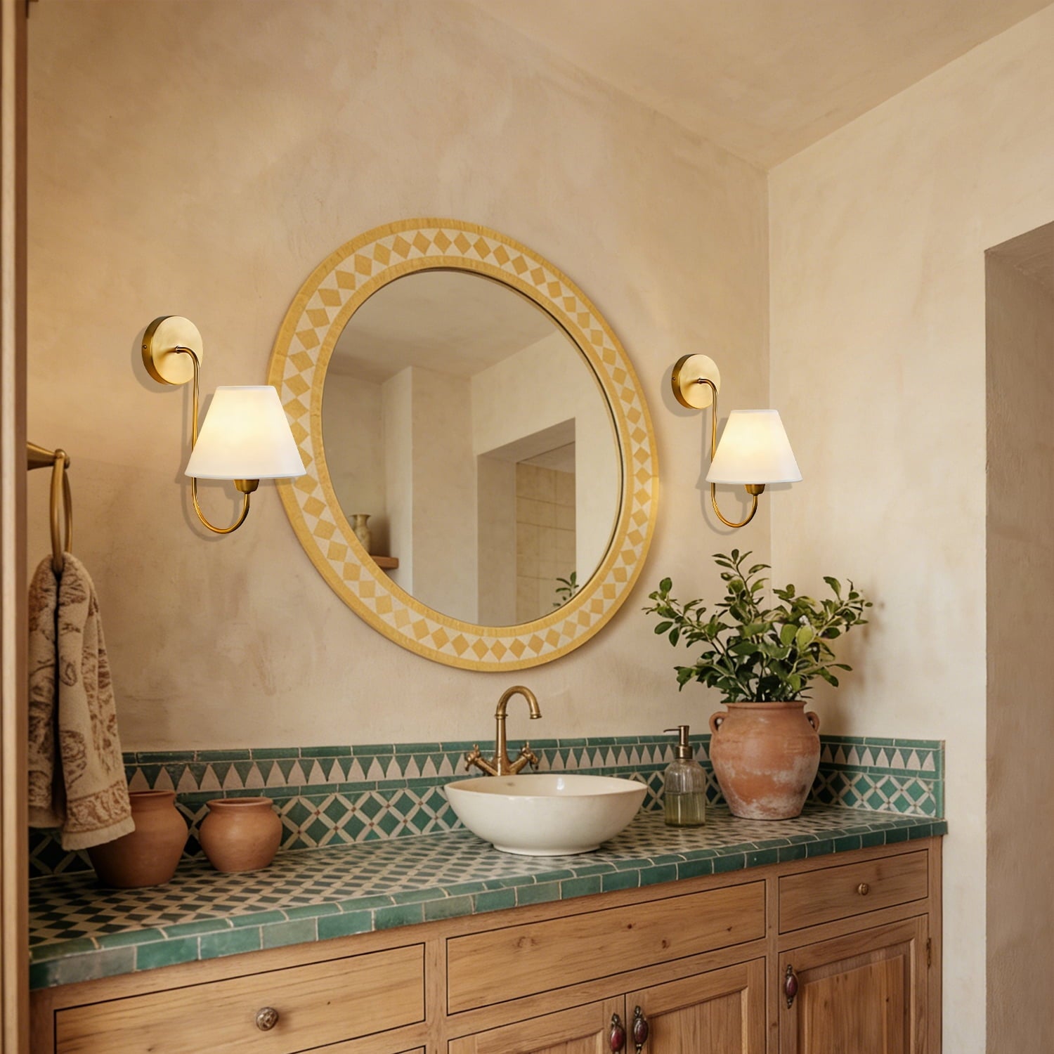 Gleaming Elegance Wall Sconce with Antique Brass&White Linen Shade,Indoor Sconce for Living&Bedroom