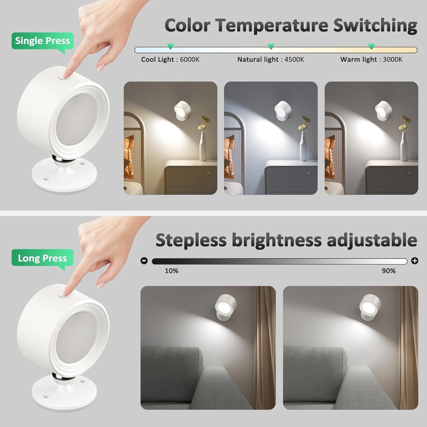 LED Wall Mounted Lights 2 Pcs with Remote, Wall Sconces Lamp 3000mAh Rechargeable Battery Operated, 3 Color Temperatures & Dimmable Magnetic 360° Rotation Cordless Light for Bedroom Bedside