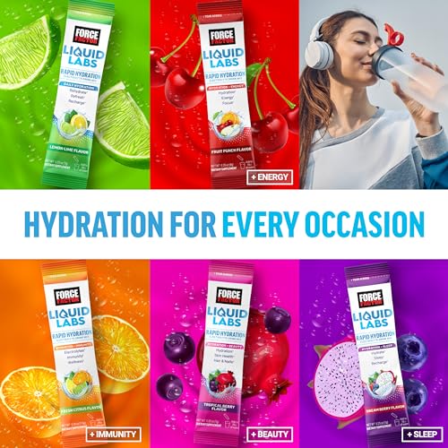 FORCE FACTOR Liquid Labs Electrolytes Powder, Hydration Packets to Make Electrolyte Water with 5 Essential Electrolytes, Vitamins, Minerals, and Antioxidants, Tropical Fruit Flavor, 20 Stick Packs