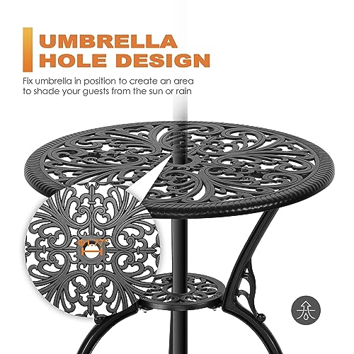 NUU GARDEN Bistro Set 3 Piece Outdoor All Weather Cast Aluminum Patio Bistro Set Patio Table and Chairs Set of 2 with Umbrella Hole for Backyard, Balcony, Front Porch, Lawn, Black