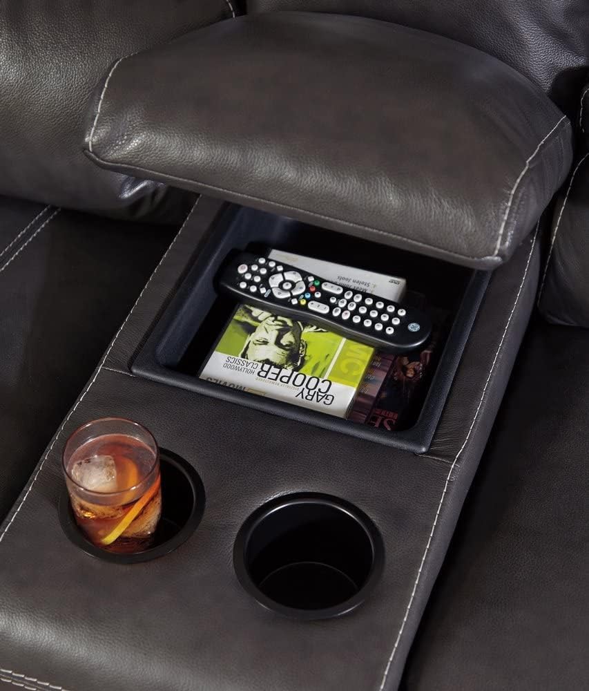 BOWERY HILL Leather Power Reclining Loveseat with Cup Holders in Gray