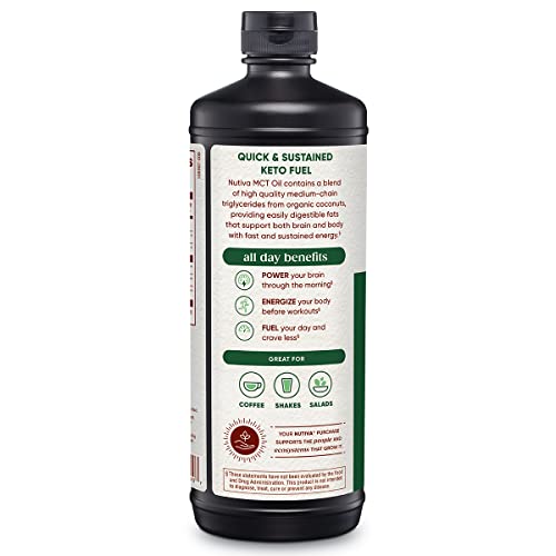 Nutiva Organic MCT Oil, Unflavored, 32 Oz, USDA Organic, Non-GMO, Non-BPA, Whole30 Approved, Vegan, Gluten-Free & Keto, 14g MCT per Serving & Neutral Flavor for Coffee, Shakes and Salads