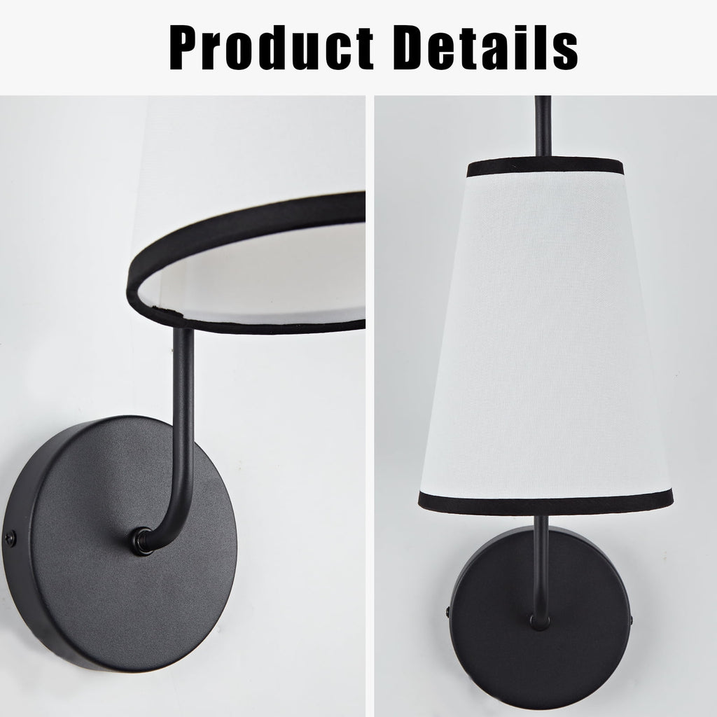 Minimal Elegant Black Sconce, Modern White Linen Shade Sconce for Bedroom, Living Room, Bathroom
