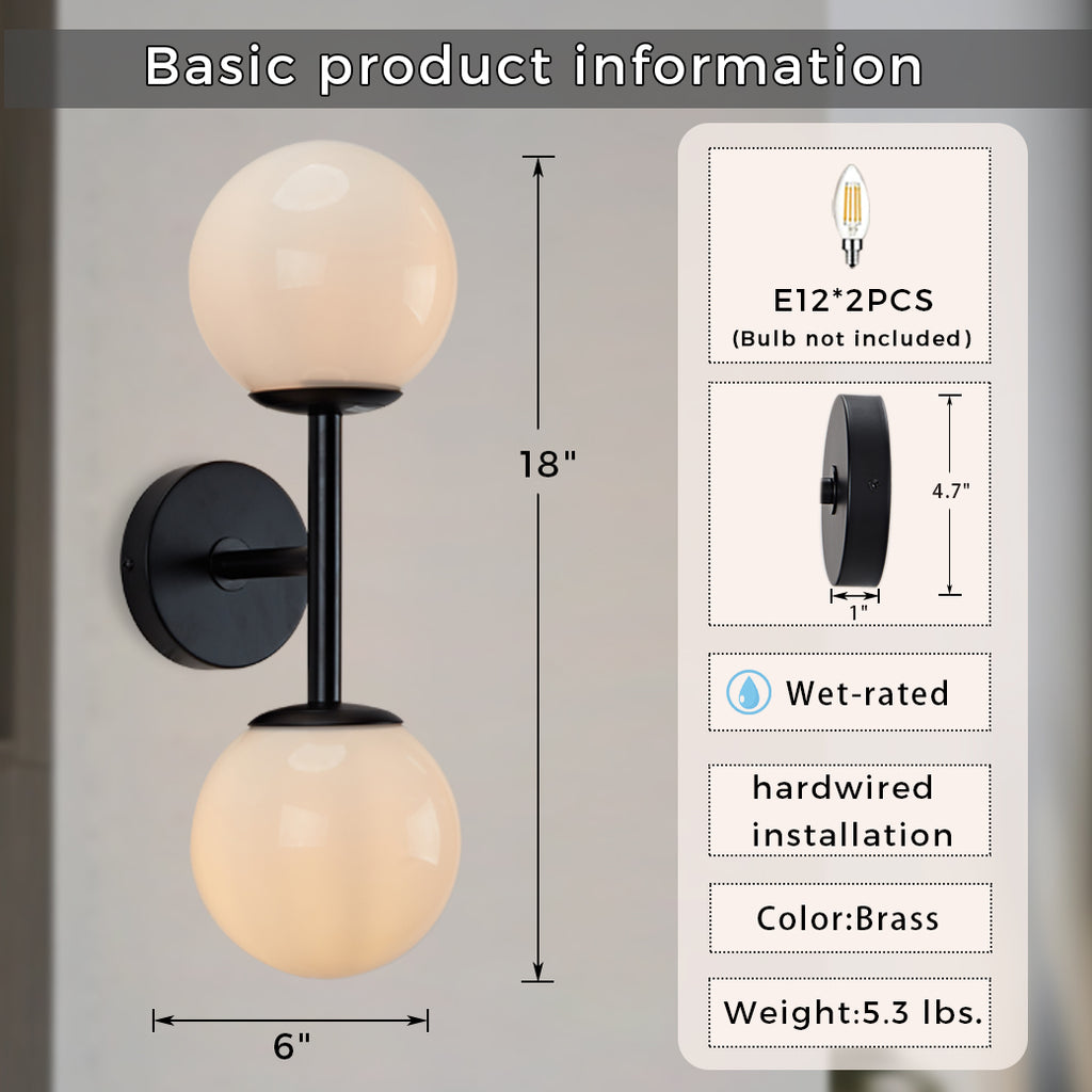 Modern Milk Glass Shade Double Sconce, Contemporary Bathroom Wall Sconce, Vanity Sconce Light, Wall Light over Mirror(Black)
