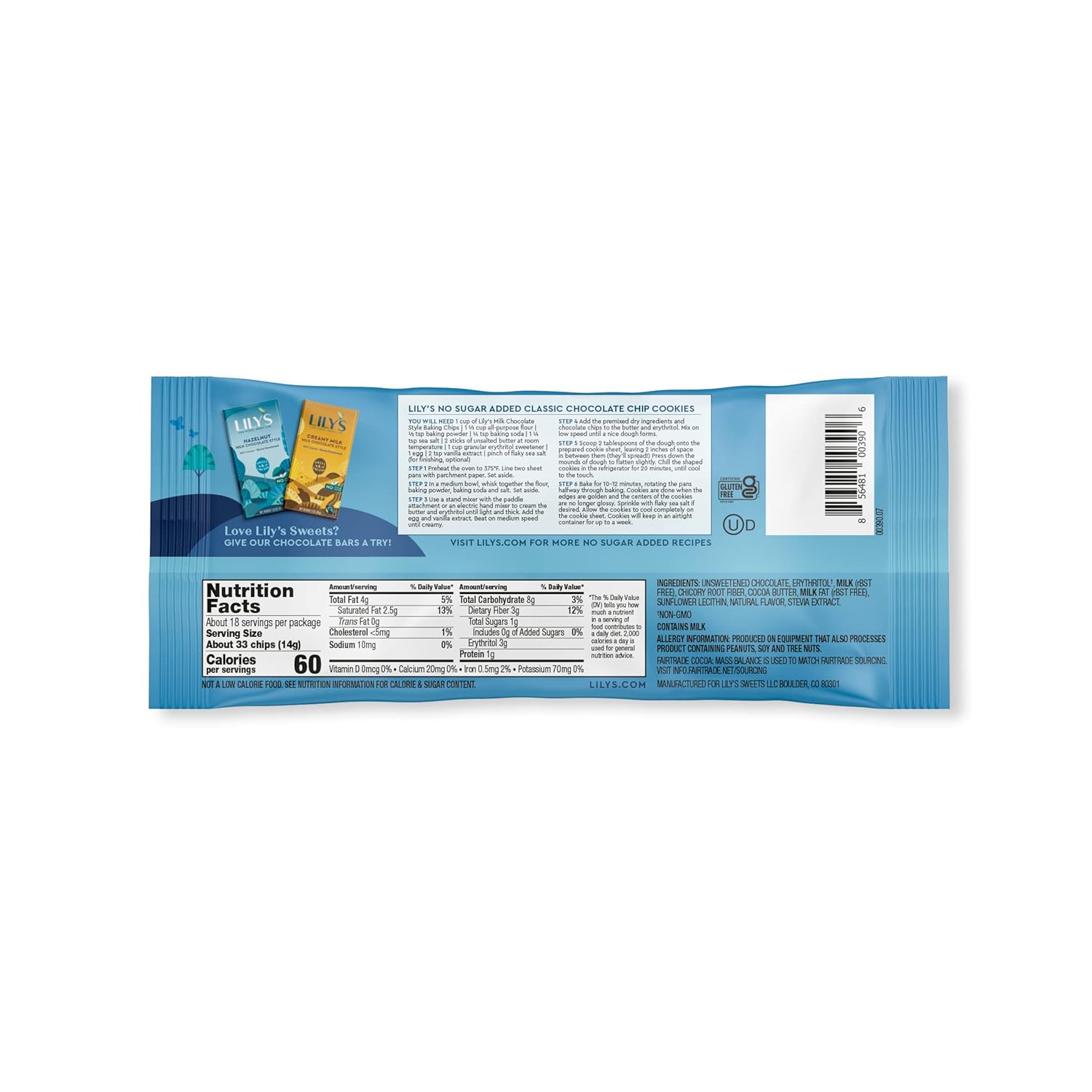 LILY'S Milk Chocolate Style No Sugar Added Baking Chips, Gluten Free, Bulk, 9 oz Bags (3 Pack)