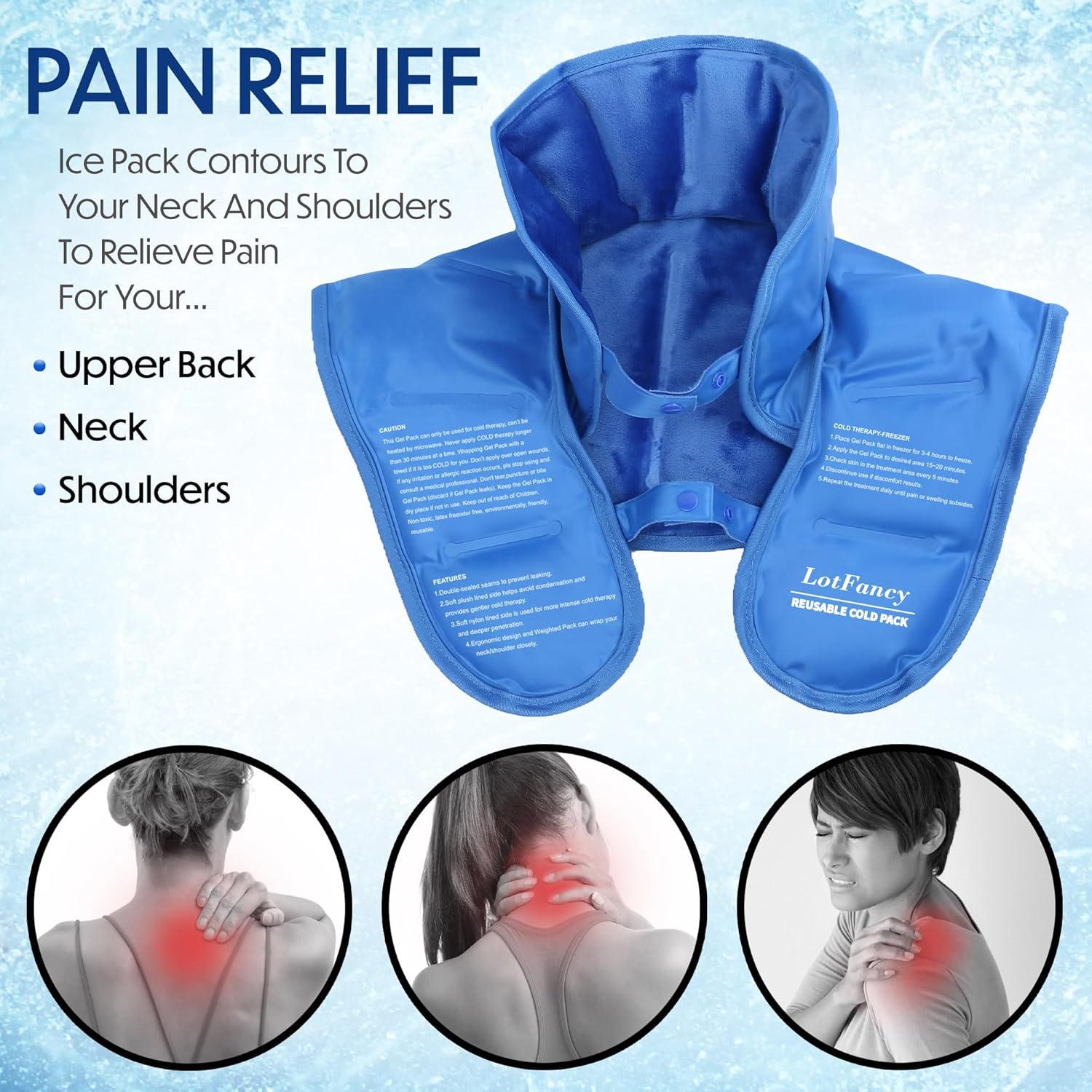 LotFancy Neck and Shoulder Gel Ice Pack, Reusable Cold Neck Wrap for Pain with Adjustable Straps, Flexible Cold Therapy for Swelling, Injuries, Stress, Tension Relief