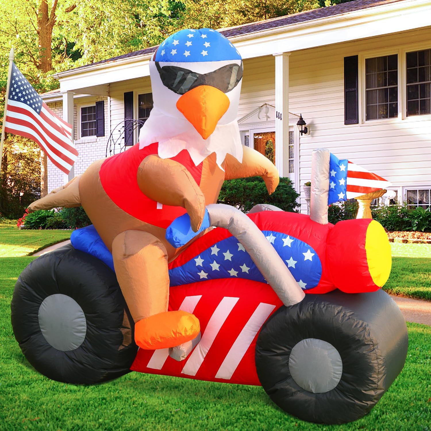 DomKom 6 FT Patriotic Independence Day 4th of July Inflatable Outdoor Decoration, Bald Eagle Sitting on Motorcycle, LED Lights Holiday Blow Up for Fourth of July Party Garden Yard Lawn Decor