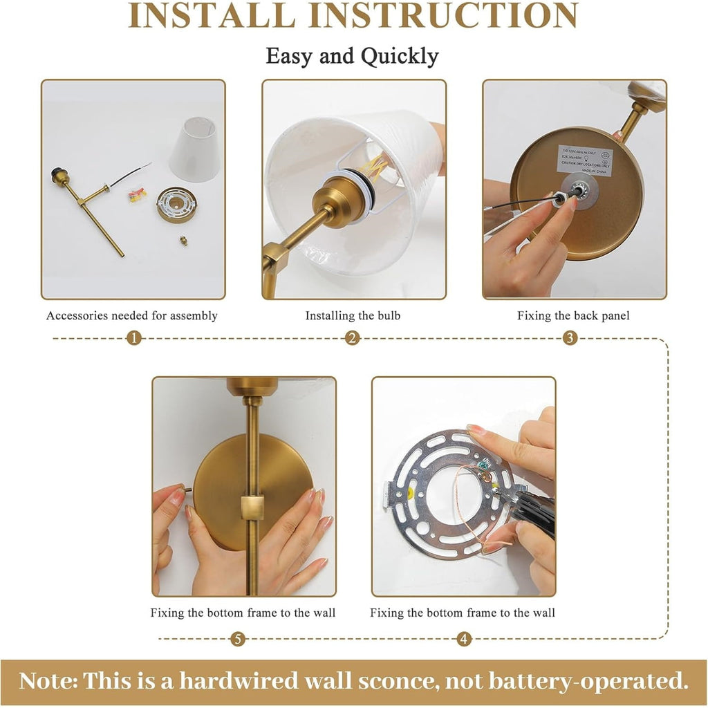 Wall Sconces Sets of 2, Hardwired Classic Brushed Brass Sconces Wall Lighting, Bathroom Vanity Light Fixture with Fabric Shade for Bedroom Living Room Hallway Kitchen, Gold