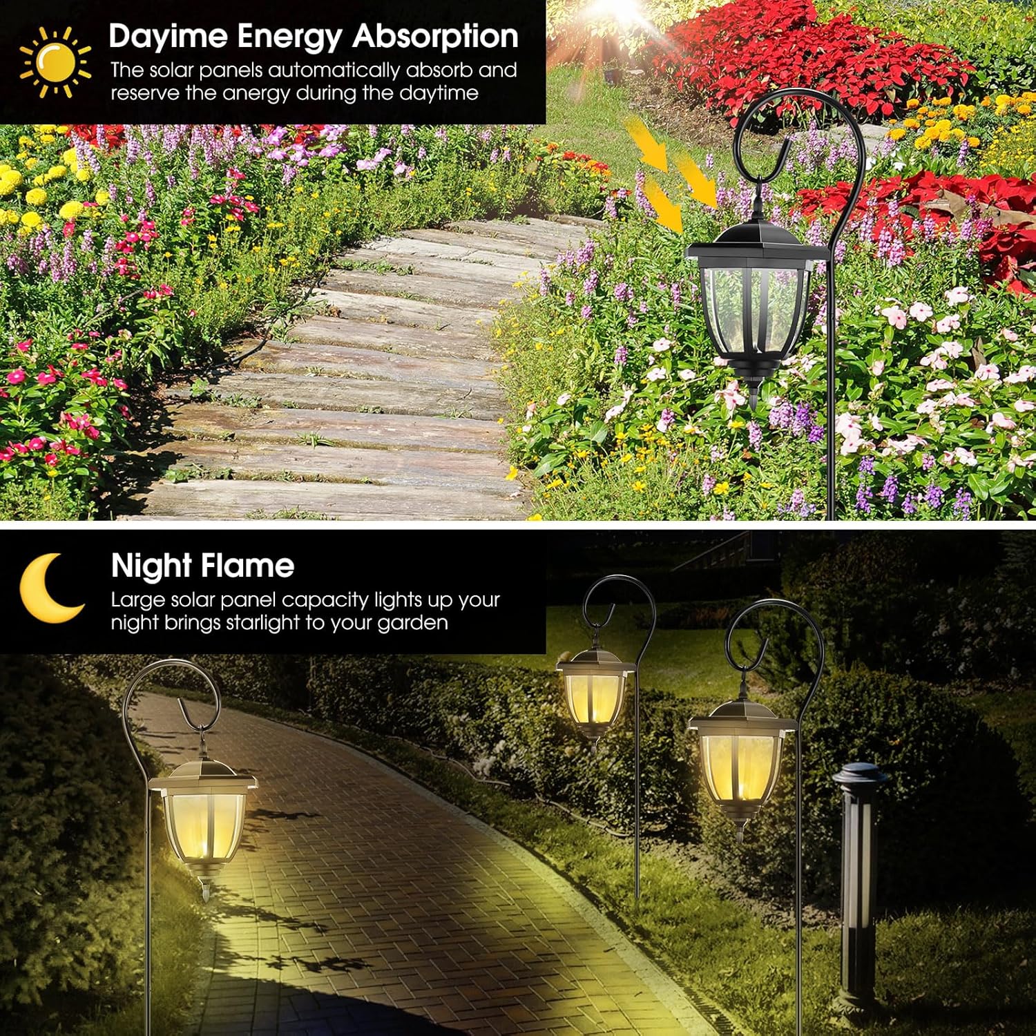 6 Pcs 32" Hanging Solar Lantern Lights with Dual Use Shepherd Hooks Outdoor LED Garden Lanterns Decorative Waterproof Pathway Hanging Lights Solar Coach Lights for Garden Patio