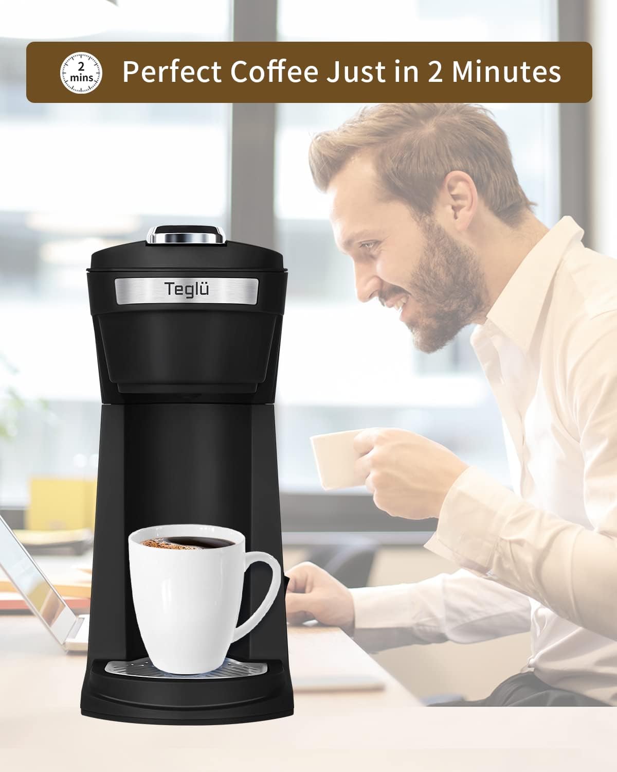 2 in 1 Single Serve Coffee Maker for K Cup Pods & Ground Coffee, Mini Coffee Machine with 6 to 14 oz Brew Sizes, Single Cup Coffee Brewer with One-Press Fast Brewing, Reusable Filters, Black