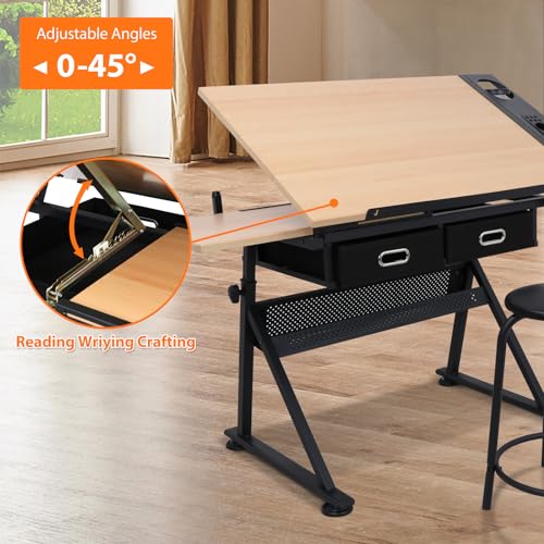 Drafting Table Art Desk, Height Adjustable Drawing Table Tilting Tabletop Work Station with Stool and Storage Drawer for Home, Office, Writing, Black