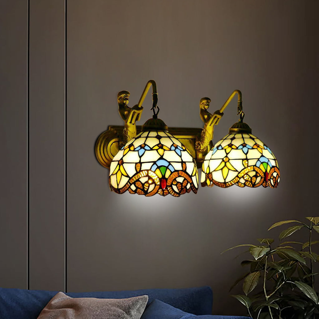 Retro Gold Stained Glass Wall Sconce 2 Lights Tiffany Mermaid Vanity Fixture Wall Light for Front Doors