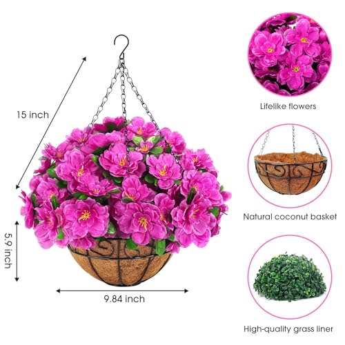 Artificial Hanging Flowers with Basket, Silk Azalea Flowers in Coconut Lining Hanging Baskets, Fake Hanging Plants for Outdoors Indoors yard Garden Patio Home Room Porch Decorations (Fuchsia)