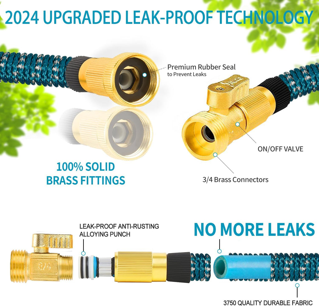 150 ft Expandable Garden Hose - All New 2024 Retractable Water Hoses with 3/4" Solid Brass Fittings, Extra Strength Fabric - Flexible Expanding Hose with 10 Pattern Spray Nozzle