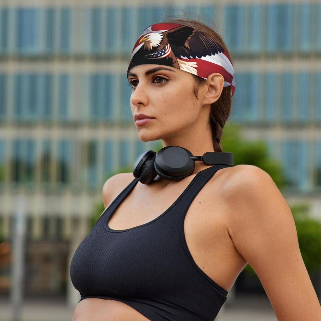 Elastic Exercise Headband for Men & Women Moisture Wicking Athletic for Running, Gym, Working Out USA Patriotic Eagle with American Flag Pattern