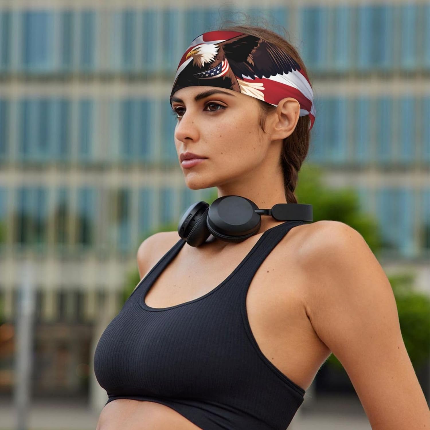 Elastic Exercise Headband for Men & Women Moisture Wicking Athletic for Running, Gym, Working Out USA Patriotic Eagle with American Flag Pattern