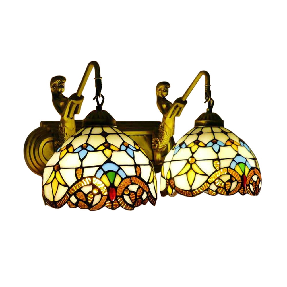 Retro Gold Stained Glass Wall Sconce 2 Lights Tiffany Mermaid Vanity Fixture Wall Light for Front Doors