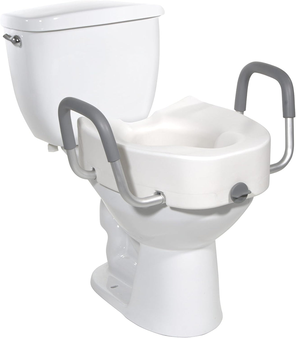 Drive Medical Premium Plastic Raised Toilet Seat with Lock and Padded Armrests, Elongated, Pack of 1