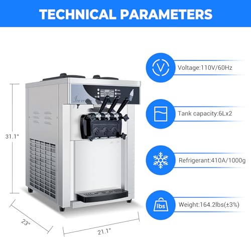 Commercial Ice Cream Maker, 1800W 3 Flavors Soft Serve Ice Cream Machine, 25L/H Yield 5.3 to 7.4Gallon per Hour PreCooling at Night Auto Clean LCD Panel for Restaurants Snack Bar, Sliver