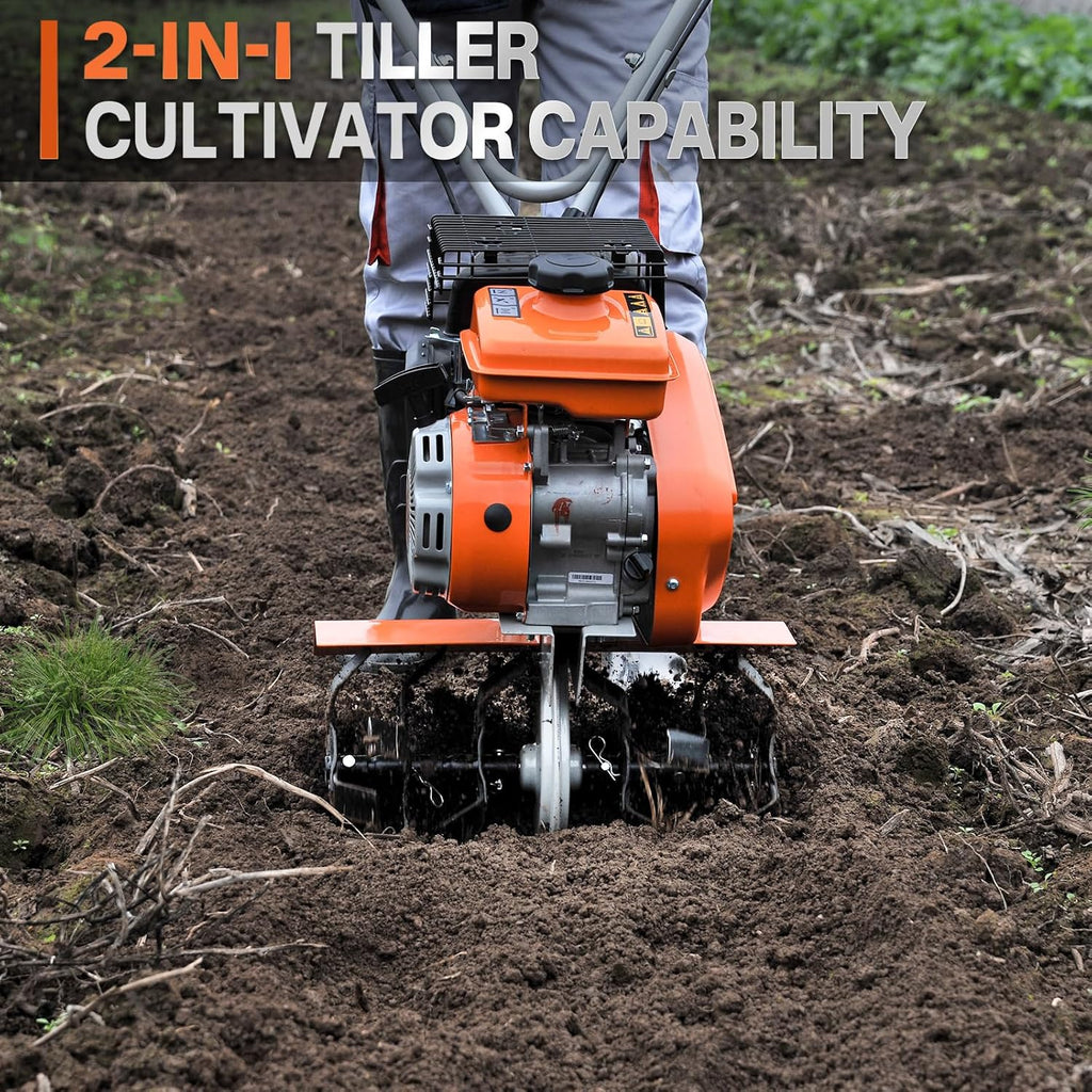 NOVUS 17-Inch Gas Tiller for Gardening, 2-in-1 Gas Powerd Front Tine Tiller Cultivator, 79 cc 4-Cycle Gas Engine, Toolless Tilling Width Adjustment, Forged Steel Tines, Integrated Transport Wheels