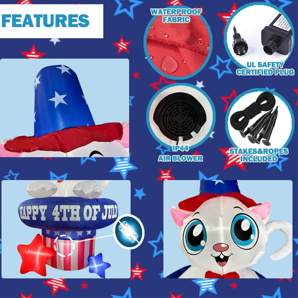 5 FT Patriotic Inflatable Cat 4th of July Inflatables Outdoor Decorations Build-in LED Lights Memorial Day Inflatables Fourth of July Decor for Party Garden Yard Lawn